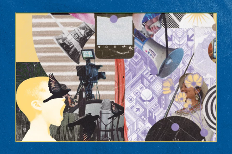 Collage de medios: micrófono, cámara, celular y megáfono, con personas y aves en composición artística.