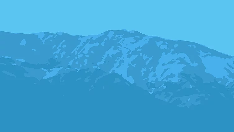 La ilustración gráfica muestra montañas en azul.