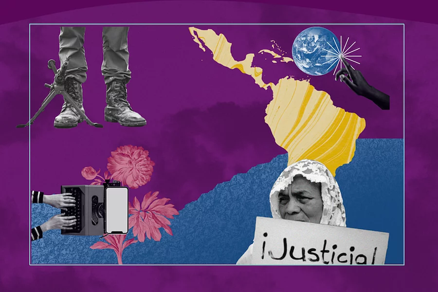 Mapa de América Latina con botas militares, arma y figura sosteniendo cartel de "Justicia". 