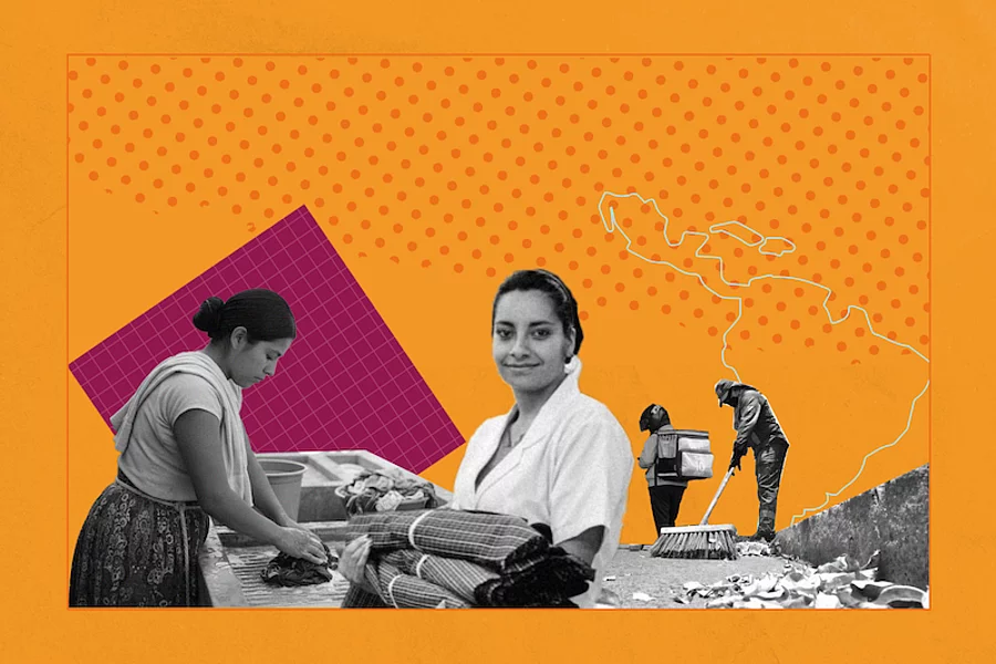 Trabajadoras y trabajadores en labores domésticas y de limpieza, con mapa de América Latina de fondo.