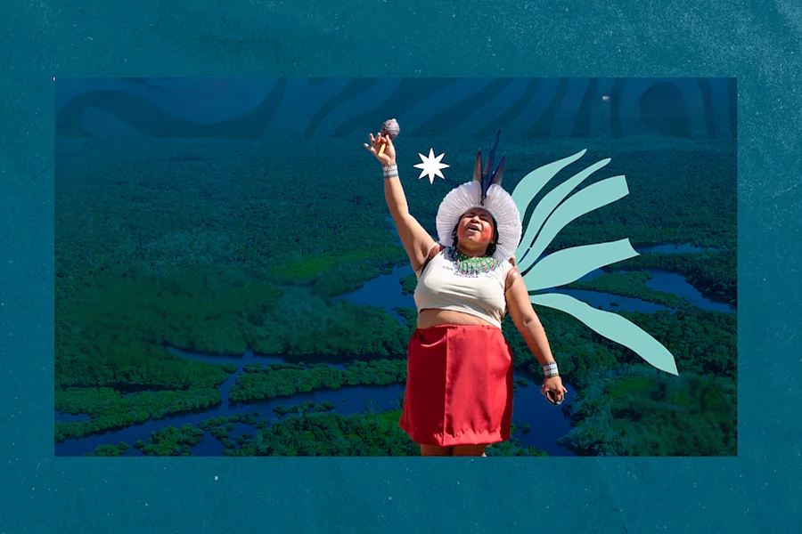 Mujer indígena levanta el brazo sobre paisaje amazónico, con elementos gráficos simbólicos.